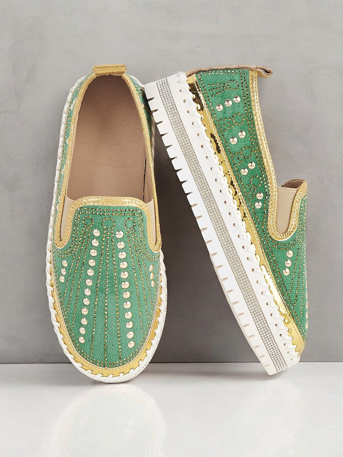 Grüne Slip-On-Sneakers mit Strasssteinen und dicker Sohle für Damen – glamouröse Freizeitschuhe für Partys und den Alltag 2025 - $42.99 –P1