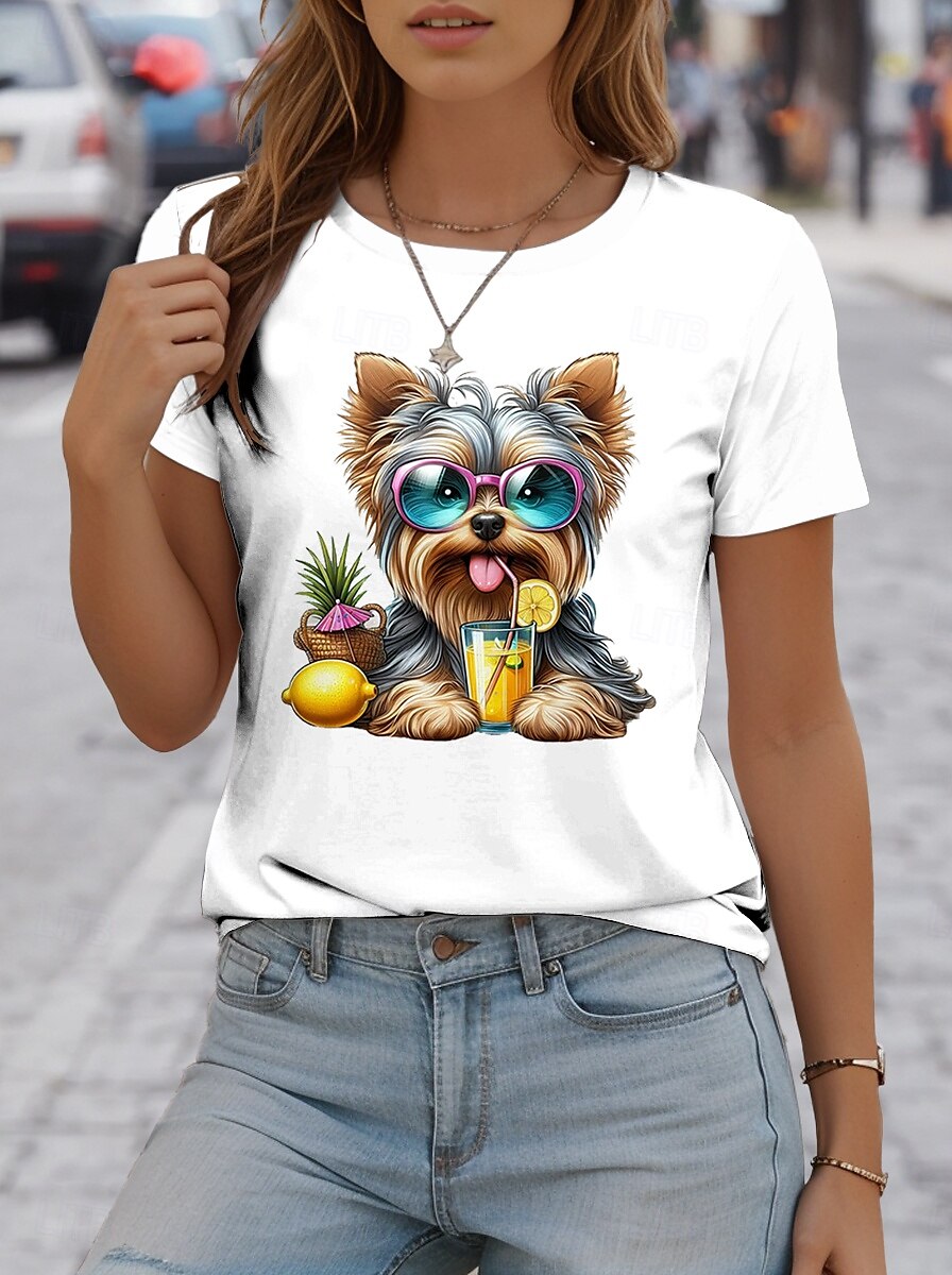 Women's T Shirt Animal Casual Short Sleeve Round Neck Regular Tops Daily Print White Summer 2025 - $19.99 –P2