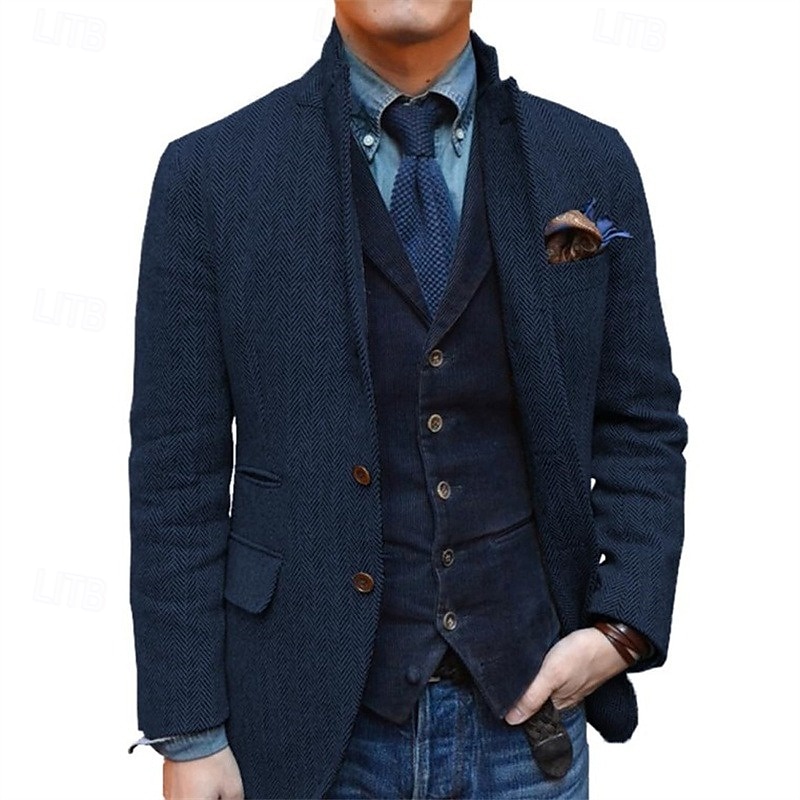 Blazer de tweed retro vintage para hombre, blazer de espiga, chaqueta deportiva, talla grande, botonadura sencilla, dos botones, negro, champán, burdeos, azul 2025 - $95.99 –P9
