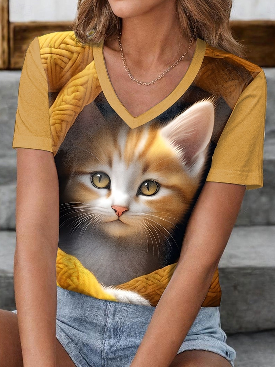 Femme T shirt Chat mode Décontractées Manche Courte Col V Hauts réguliers du quotidien Imprimer Jaune Eté de 2025 ? $19.99 –P1