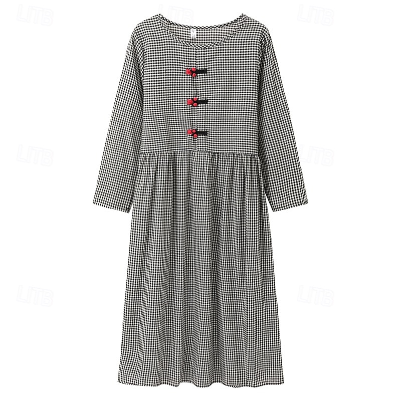 Naisten Musta Kevät Syksy Pitkä mekko Maxi mekko Pellava-inspiroidut mekot Rento mekko Puuvillapellavamekko Perus Vapaa-aika ulko- Päivittäin Viikonloppu Loose Fit Skottiruutukuvio Tiukka pyöre 2025 - $26.99 –P10