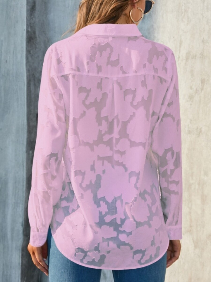 Kvinners hvite elegante blonde topper øyelet bluse uformell ensfarget vanlig topper lang erm skjortekrage knapper lomme vanlig passform daglig romantiske petite topper sommerferie slitasje hvit gul 2025 - $21.99 –P16