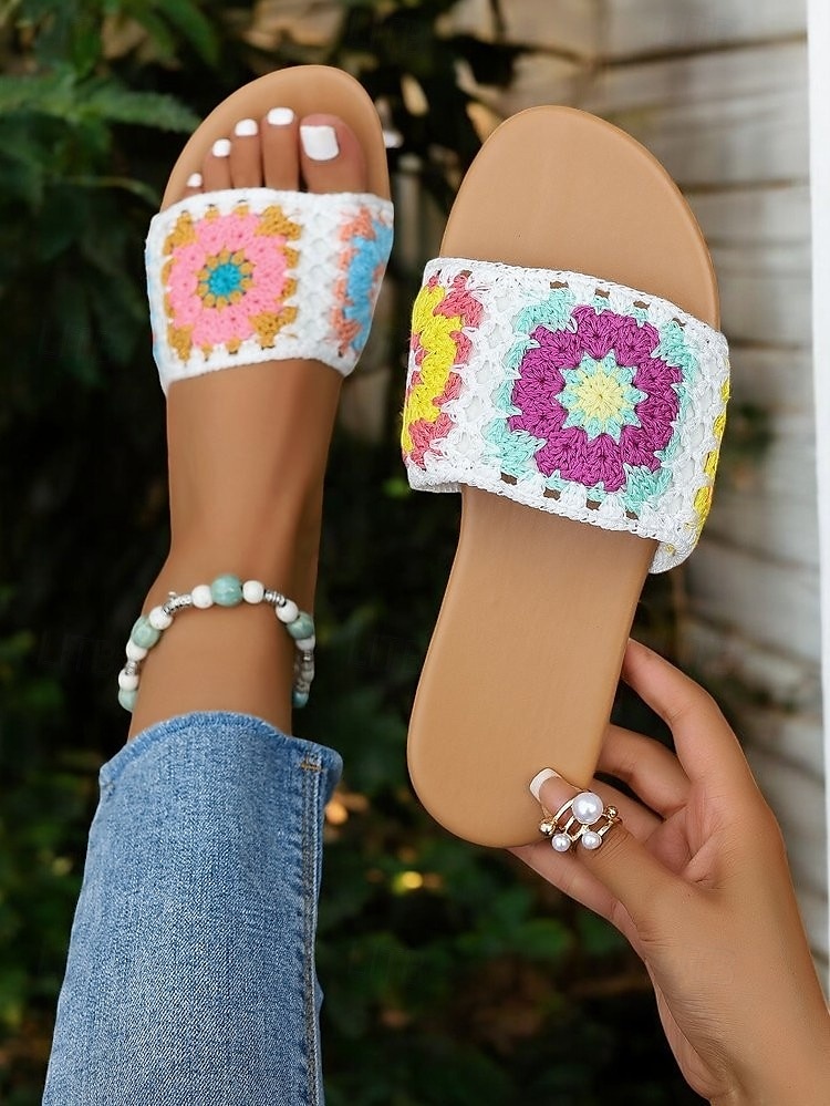 Handgewebte Häkel-Sandalen für Damen mit farbenfrohem Blumenmuster, Sommer-Flats im Boho-Stil für Strand, Urlaub und Freizeit 2025 - $19.99 –P2