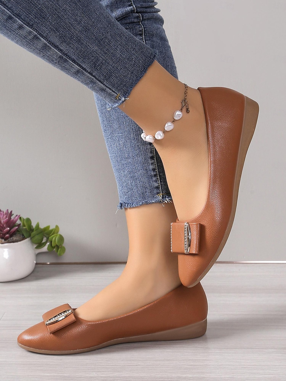 Women's Brown Faux Leather Pointed-Toe Flats with Bow and Rhinestone Detailing - Casual and Office Wear Shoes 2025 - $19.99 –P2