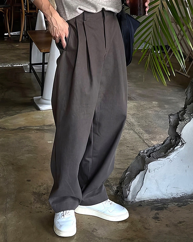 Homens Social Calças chinês Calças Plissadas Botões Bolsos Perna reta Tecido Conforto Formal Festa Trabalho Moda Estilo Clássico Preto Cinzento Escuro Micro-Elástica de 2025 por $23.99 –P3
