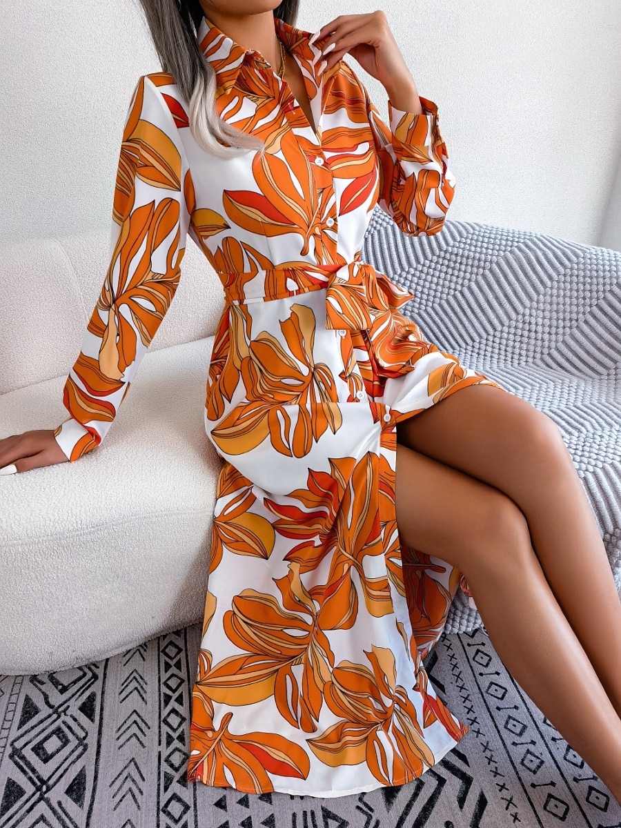 Damskie Sukienka maxi Sukienka koszulowa Codzienne sukienki Sukienka A line Elegancki Codzienny Urlop Codzienny Regularny Kwiaty Długi rękaw Kołnierzyk koszuli Niebieski Pomarańczowy Wiosna Jesień 2025 - $38.99 –P12