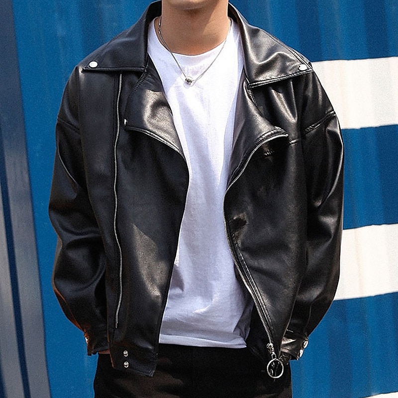 Men's Faux Leather Jacket Transition Jacket Biker Jacket Motorcycle Jacket Vacation Daily Windproof Warm Pocket Fall & Winter Plain Fashion Classic Lapel Regular Black Jacket 2026 - $54.99 –P2