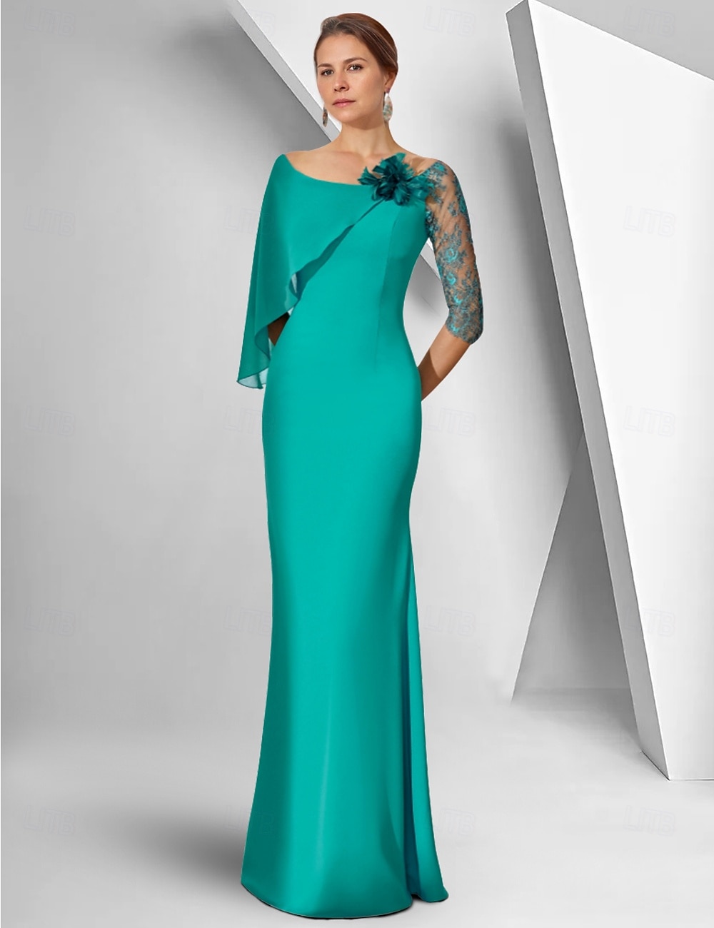 Sheath / Column Dress Mother of the Bride Dress Elegant Bateau Neck Floor Length Chiffon 3/4 Length Sleeve with Lace Solid Color 2025 - $143.99 –P1