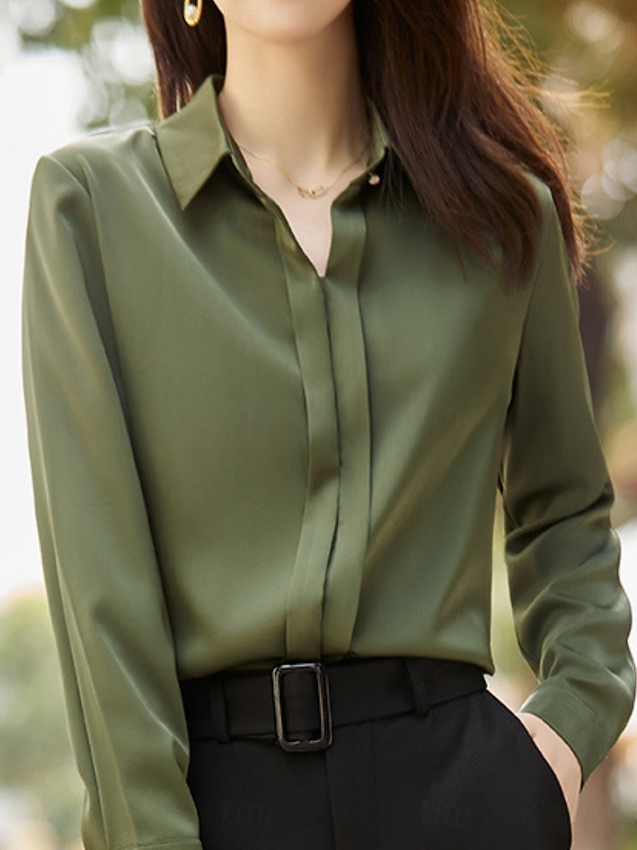 Dames Overhemd Blouse Effen Kleur Basic Casual Lange mouw Overhemdkraag Normale tops Dagelijks Knop Wit Groen Grijs Herfst Winter 2025 - $36.99 –P1