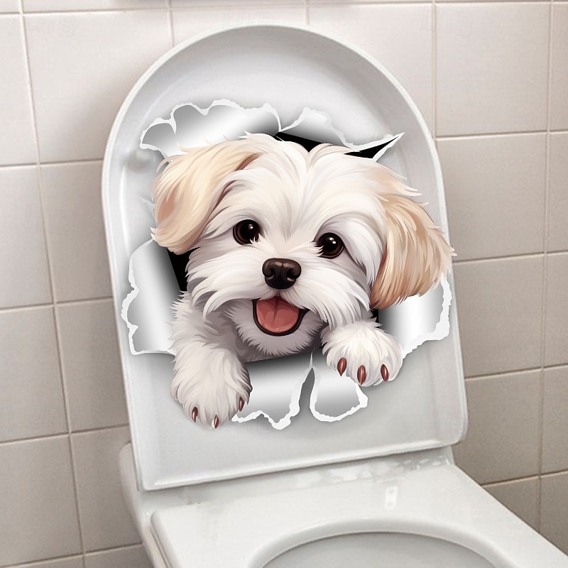 lustiger weißer Toilettensitzaufkleber mit Hund - einfach anzubringen, entfernbar, Badezimmerwand &Türaufkleber für eine verspielte Note 2025 - $3.99 –P1