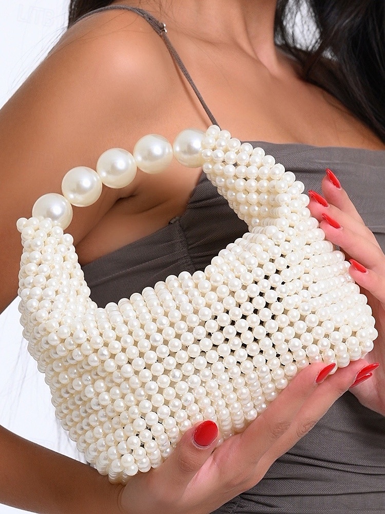 Women's Faux Pearl Beaded Handbag with Large Pearl Handle, Elegant Evening Clutch for Weddings, Parties and Formal Events Black Silver Beige 2025 - $34.99 –P1