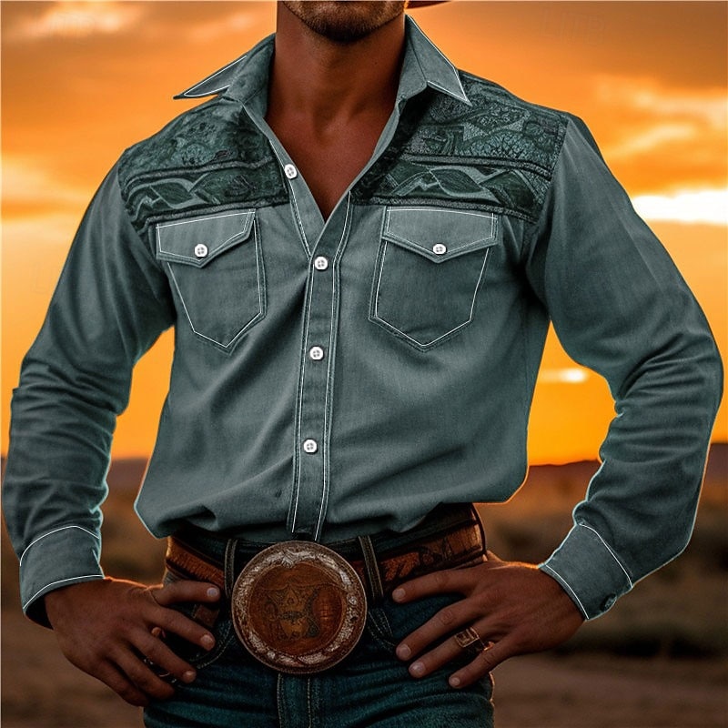Hombre Tribal Impresión de pañuelo Camisa camisa occidental Manga Larga Camisa Cuello Vuelto Vintage Exterior Calle Casual Diario Rosa Rojo Azul S M L 2026 - $14.49 –P7