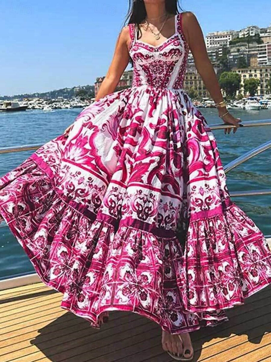 Női Hosszú ruha Maxi ruha hétköznapi ruha Swing ruha A vonalú ruha Boho ruha Csehország Szüret Alkalmi Vakáció Napi Normál Virágos Ujjatlan V-alakú Bíbor Fukszia Nyár 2025 - $52.99 –P2