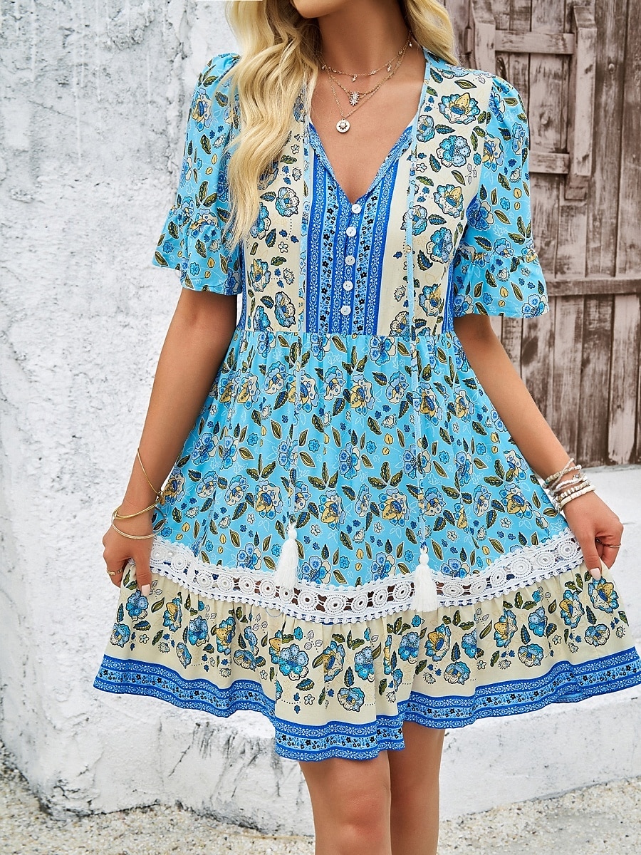 Női Mini ruha hétköznapi ruha Boho ruha Csehország Alkalmi Vakáció Napi Normál Virágos Féhosszú V-alakú Medence Tavasz Ősz 2025 - $46.99 –P3