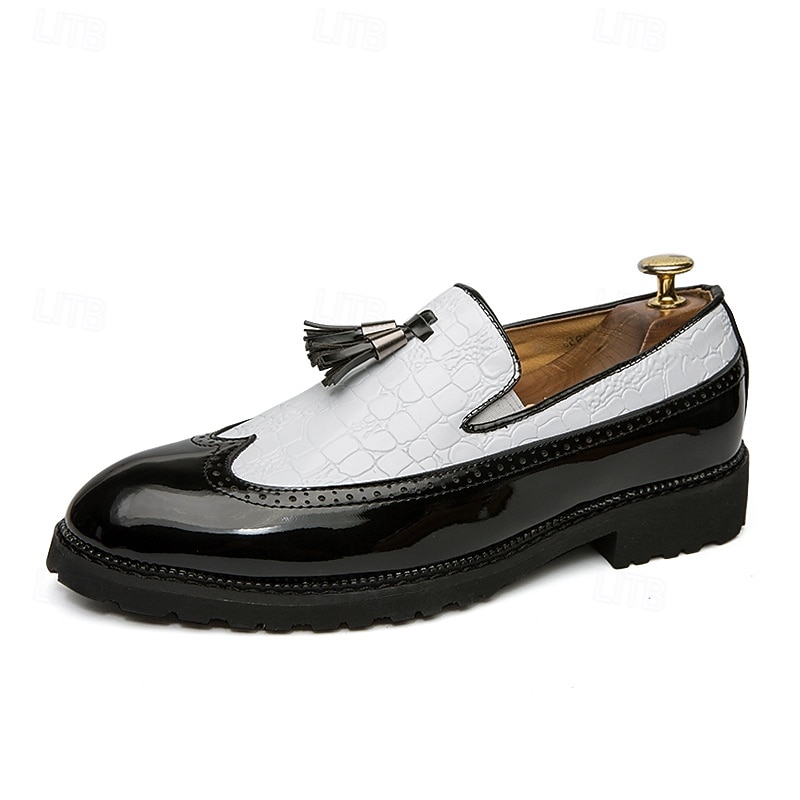 Herrloafers i svart och vitt i lackkonstläder – krokodilpräglade tofsar med grov sula för Gatsby-fest, bröllop, bal, elegant nattliv 2025 - $42.99 –P2