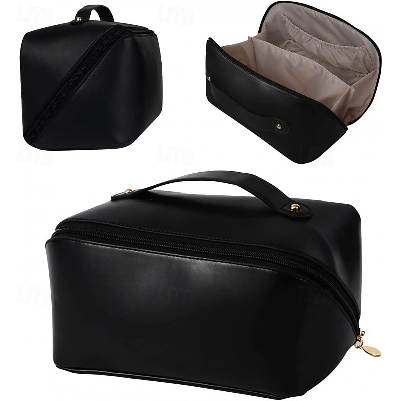Grote capaciteit reissieraden cosmetische tas, modieuze PU lederen make-up organizer, draagbare toilettas met handvat voor reizen en opslag 2025 - $4.99 –P8