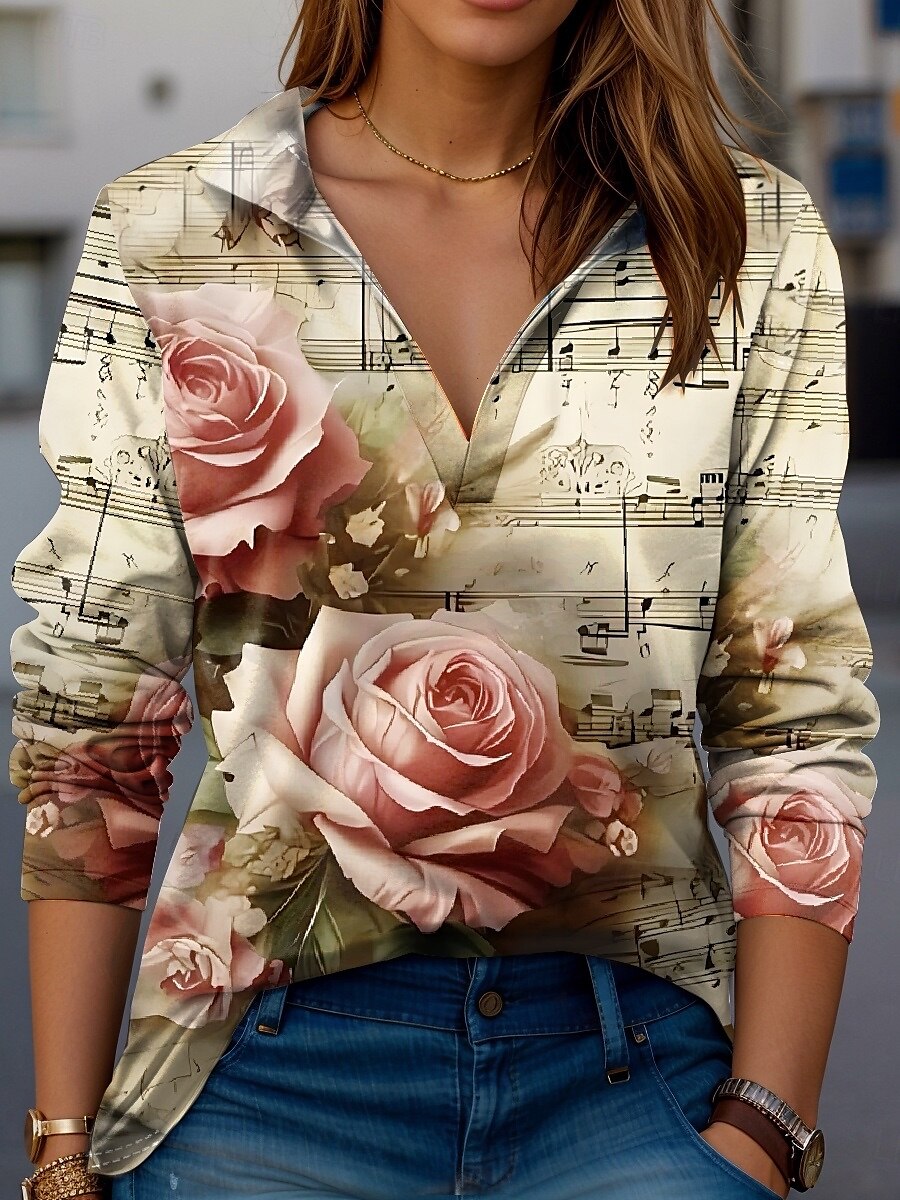 Camiseta Feminina Rosa Moderna Manga Longa Decote V Golinha Tops Regulares Trabalho Estampada Preto Branco Amarelo Rosa Vermelho Verão Primavera Outono de 2025 por $23.99 –P1