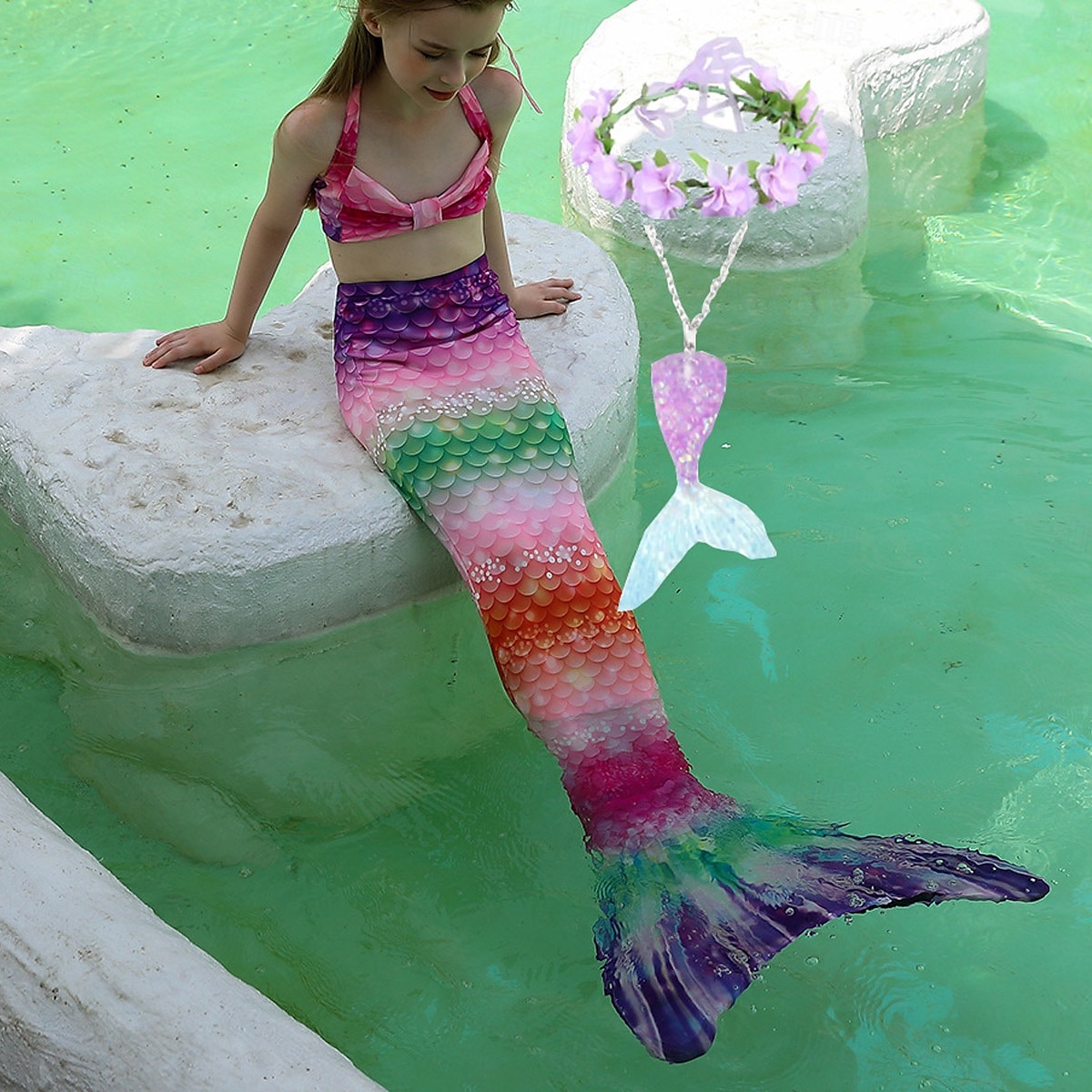 Kinderen Voor meisjes Vijf stuk Zeemeermin zwemkleding Badmode Bikini Strand Zwemmen Regenboog Tie Dye leuke Style Badpakken 3-10 jaar Zomer Licht Blauw Kleurrijk 2025 - $30.99 –P7