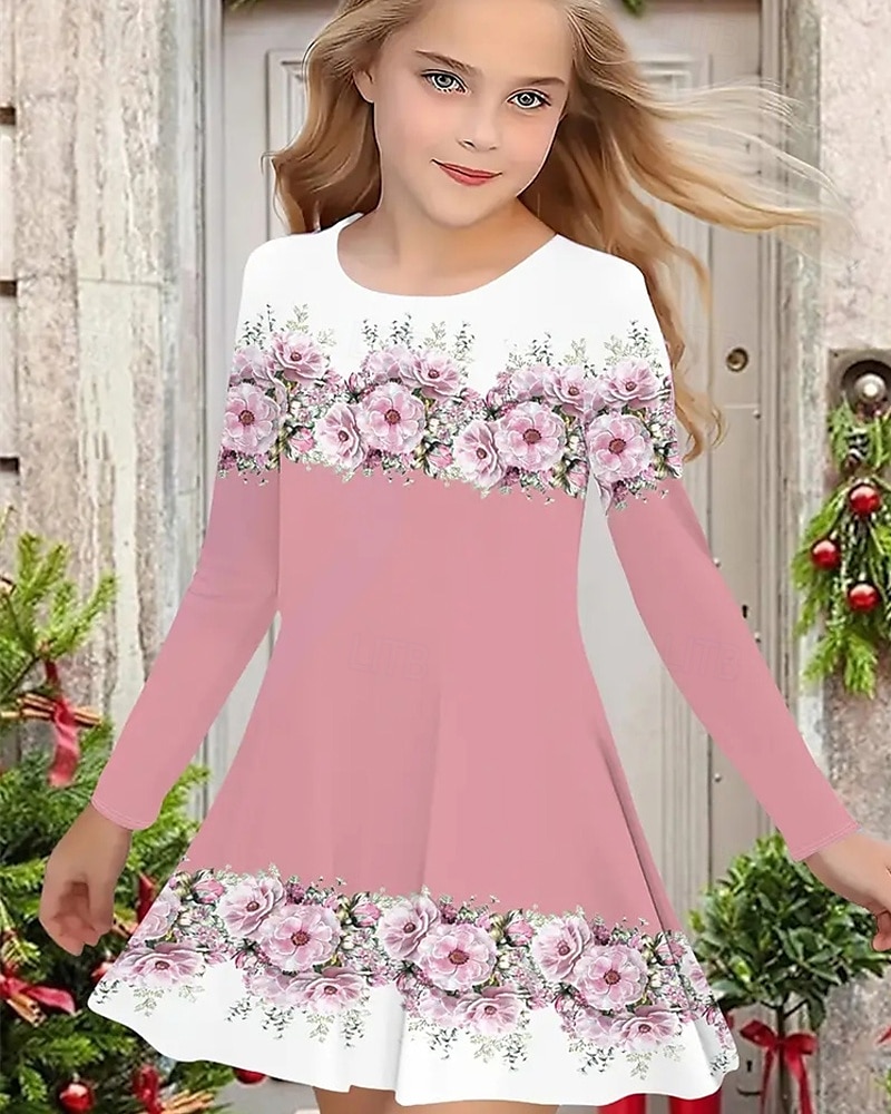 Pasen Meisjes 3D Bloemig Grafisch Jurk Lange mouw Zomer Lente Vakantie Dagelijks Feestdagen Prinses Mooi Zoet Kinderen 4-12 jaar Casual jurk A lijn jurk Tot de knie Normale pasvorm 2025 - $16.99 –P1