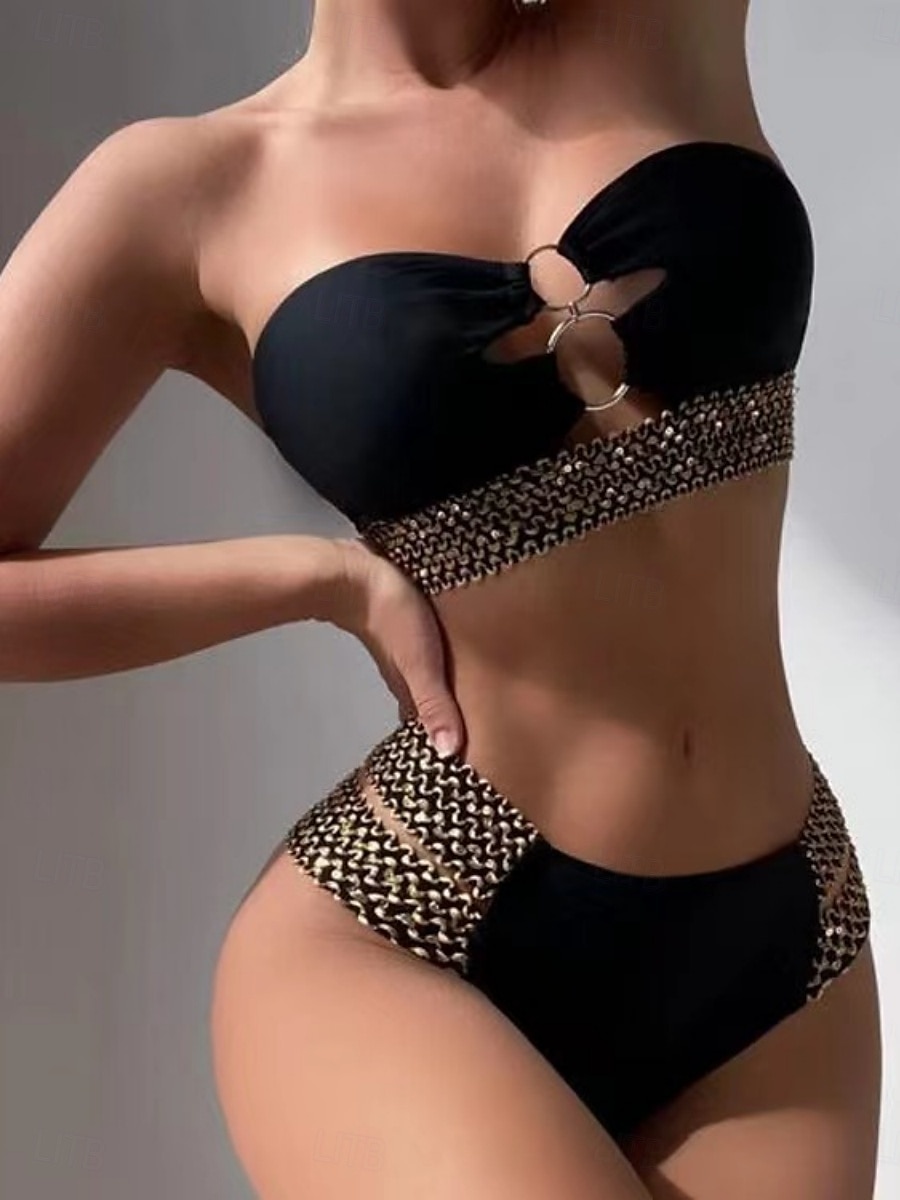 Dam Badkläder Bikini 2 st Kaxig Baddräkt Öppen rygg Smal Semester Standkläder Geometrisk Axelbandslös Ärmlös Baddräkter 2025 - $29.99 –P1