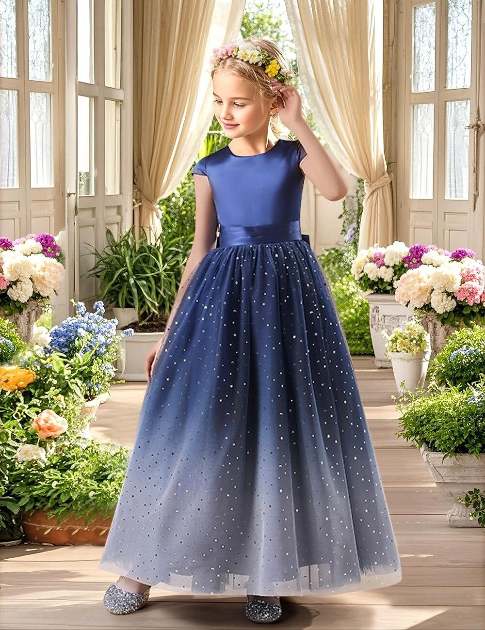 Vestido de daminha de honra longo com corte a, vestido de festa fofo de organza com faixa/fita, ajuste elegante, 3 a 16 anos de 2025 por $117.99 –P1