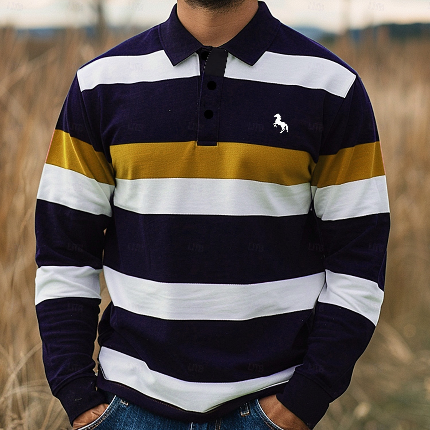 Herr Randig Rugby pikétröjor Långärmad Polotröjor Krage Business Casual Formell Utomhus Gata Vardag Knappar 3D-utskrift Vår Höst Vinter Rubinrött Blå Purpur 2025 - $22.99 –P4