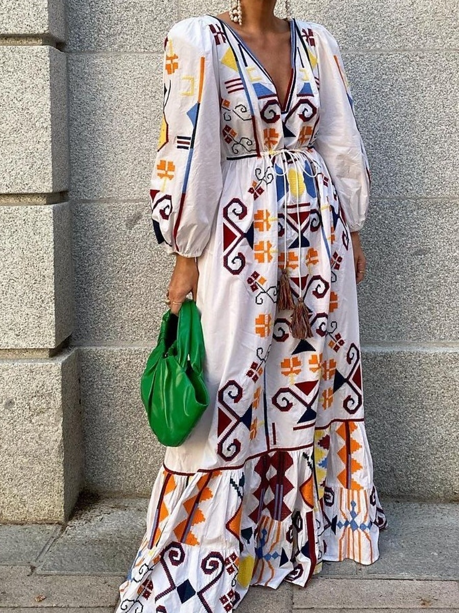 Női Maxiruha hétköznapi ruha A vonalú ruha Boho ruha Szüret Alkalmi Vakáció Napi Normál Mértani Hosszú ujj V-alakú Fehér Tavasz Ősz 2025 - $52.99 –P2