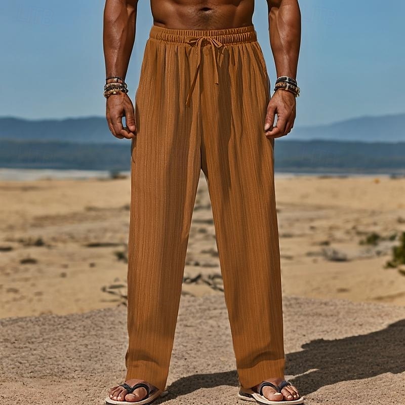 Herr Linne Byxor Långbyxor Sommarbyxor Strandbyxor Snörning Elastisk midja Rakt ben Slät Komfort Andningsfunktion Fullängd Dagligen Helgdag Strand Semester Mode Svart Vit 2025 - $20.99 –P2