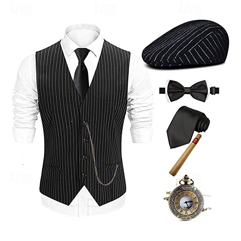 Velký Gatsby Gentleman Gangster Retro Řvoucí 20s 20. léta 20. století Úbory Kamizelka Panamský klobouk Sada příslušenství Pánské Kostým Retro Kostýmová hra Maturitní ples Festival Nákrčník Vánoce 2025 - $44.99 –P14