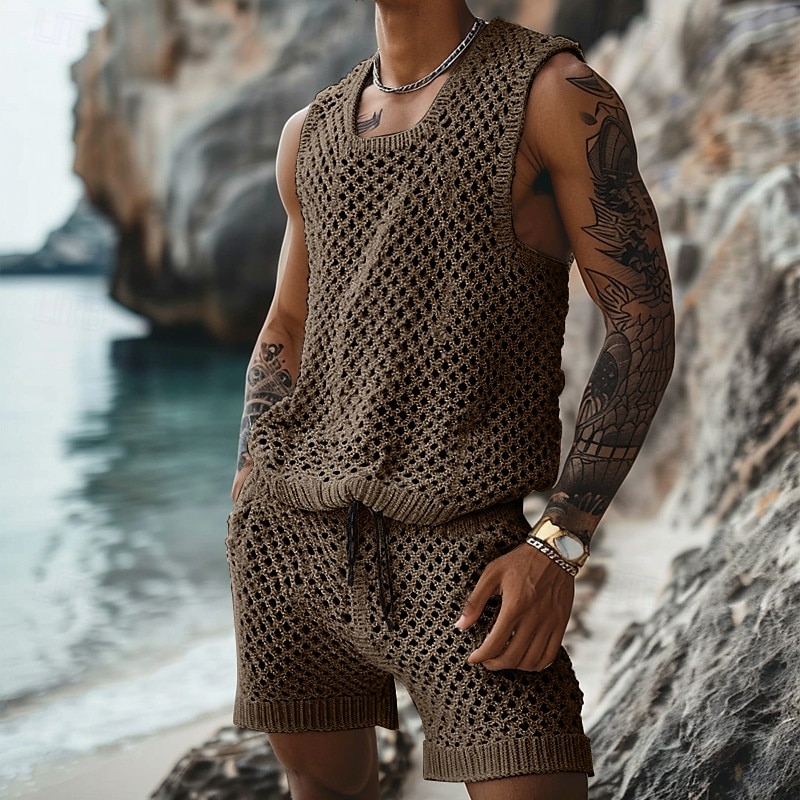 Men's T-shirt Suits 2 Piece Summer Tracksuit Set Casual Sleeveless Suit Crew Neck Summer Knitwear Bohemia Vacation Knitted Vacation Black Brown Beige Top Tee for Men 2025 - $37.99 –P7