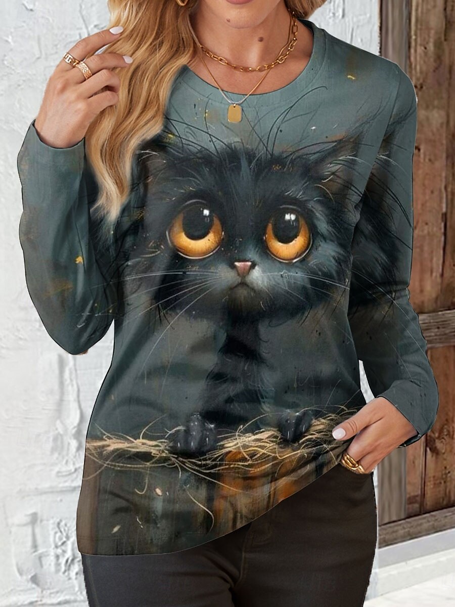 2025年 女性用 Tシャツ 猫 カジュアル 長袖 クルーネック レギュラートップス 日常 プリント グレー 春 秋 コレクション – $22.99 –P1