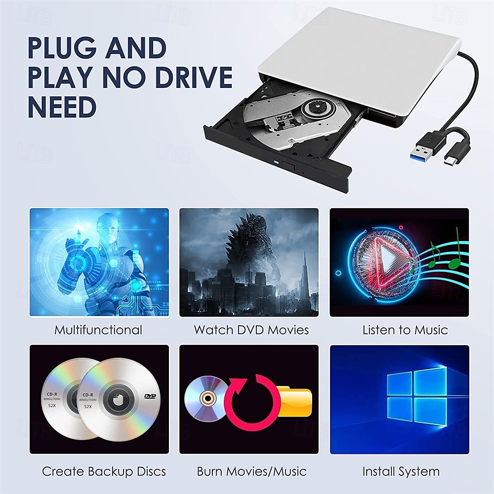 External CD/DVD Drive - USB 3.0 & Type-C Portable Burner Writer Reader for Laptop, Compatible with MacBook Pro/Air, iMac, Windows 7/8/10/XP/Vista​ 2025 - $43.99 –P5