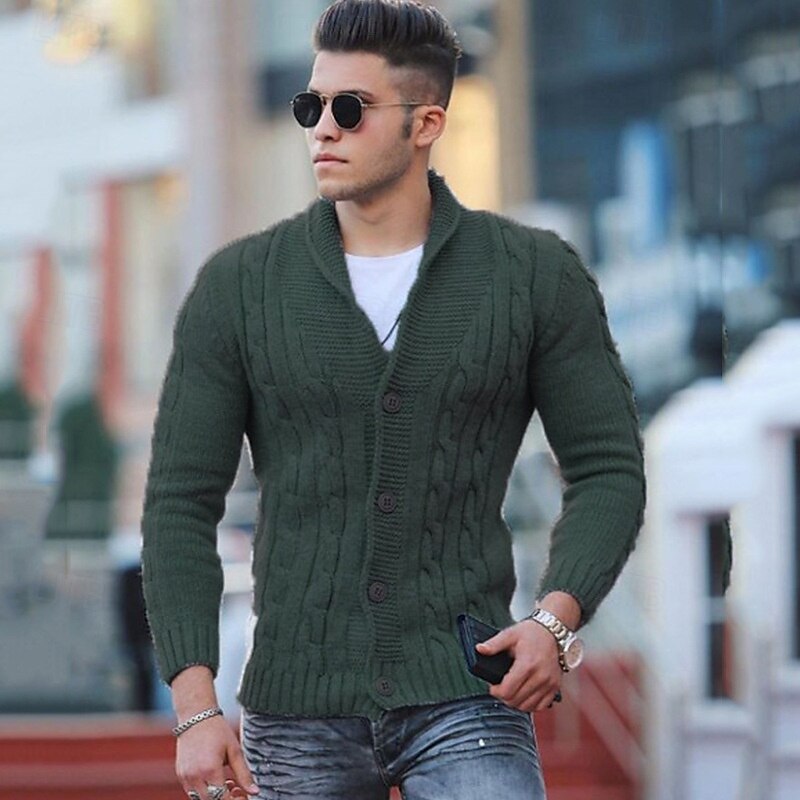 Men's Sweater Cardigan Sweater Fall Sweater Cable Cropped Plain Shawl Collar Fashion Warm Ups Christmas Xmas Clothing Apparel Fall & Winter Wine Red Black S M L 2025 - $27.99 –P9