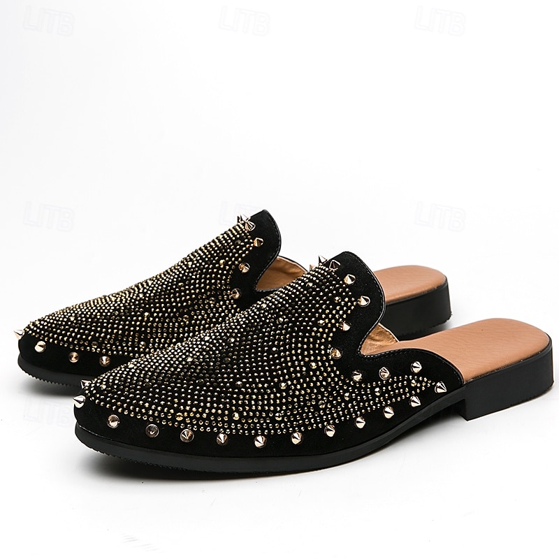 Schwarze Slipper für Herren mit Nieten – mit Strasssteinen verzierte Pantoletten mit auffälligem Design für Partys und Abendgarderobe 2025 - $54.99 –P2