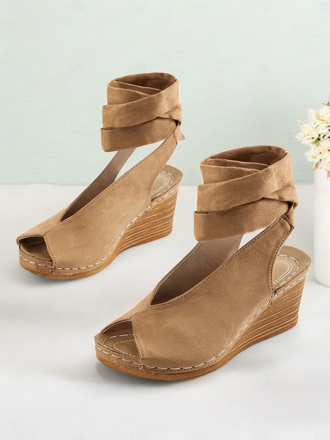 Women's Khaki Faux Suede Wedge Sandals with Peep-Toe and Wraparound Ankle Straps - Comfortable Summer Shoes for Casual and Beach Wear 2025 - $32.99 –P4