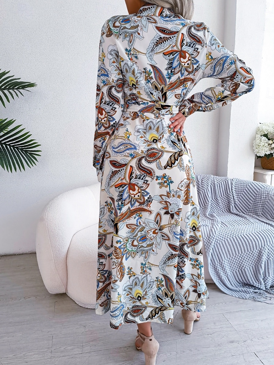 Naisten Maksimekko Rento mekko A linjainen mekko Boho-mekko Böömi Tyylikäs Vapaa-aika Loma Päivittäin Normaali Paisley-kuvio Pitkähihainen Paitapuserokaula-aukko Valkoinen Kuninkaallinen sininen 2025 - $41.99 –P11