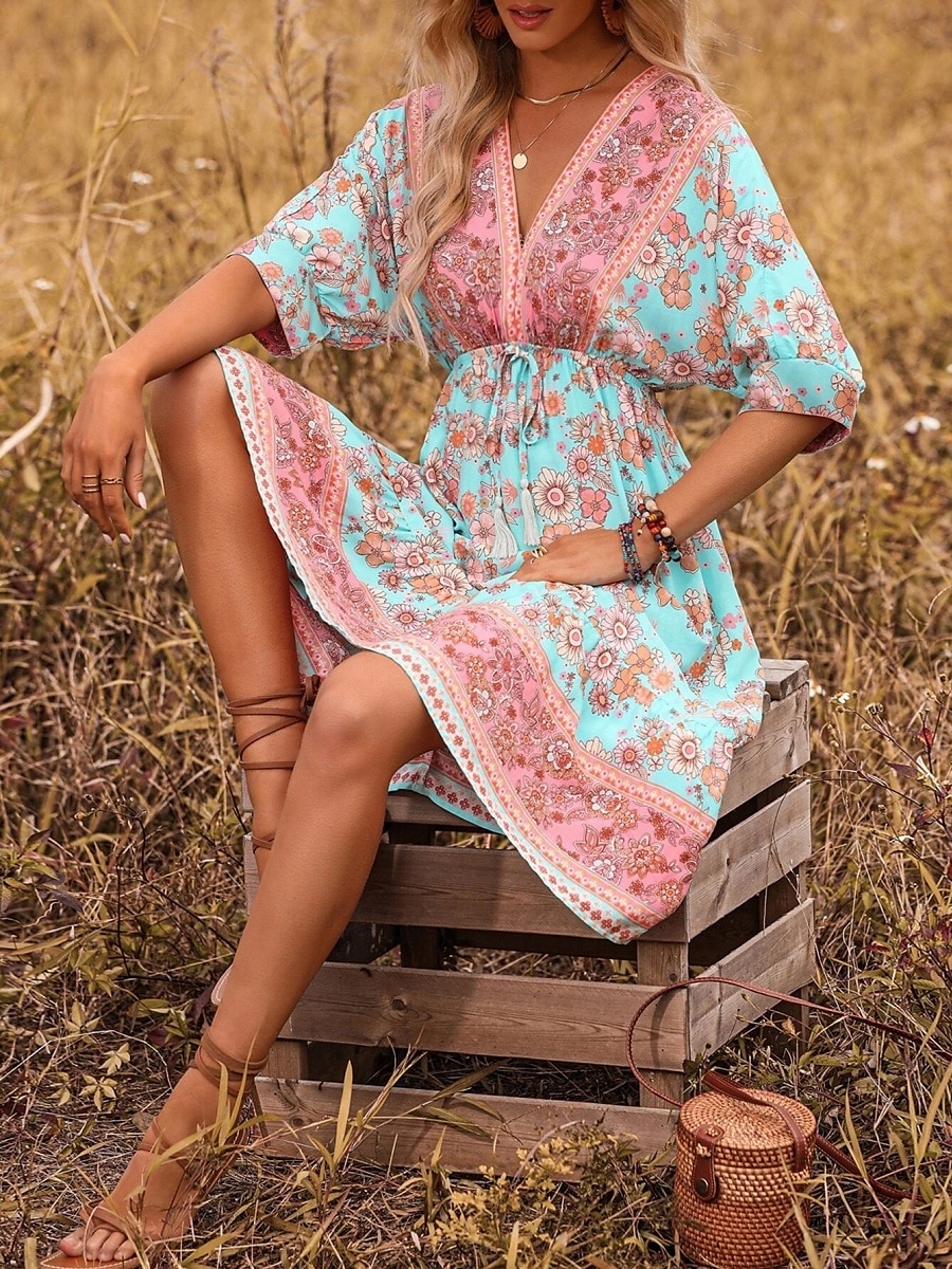 Women's Midi Dress Casual Dress A Line Dress Boho Dress Boho Wedding Guest Dress Ethnic Casual Vacation Daily Regular Fit Floral 3/4 Length Sleeve V Neck Black Navy Blue Light Blue Spring Fall 2025 - $35.99 –P1