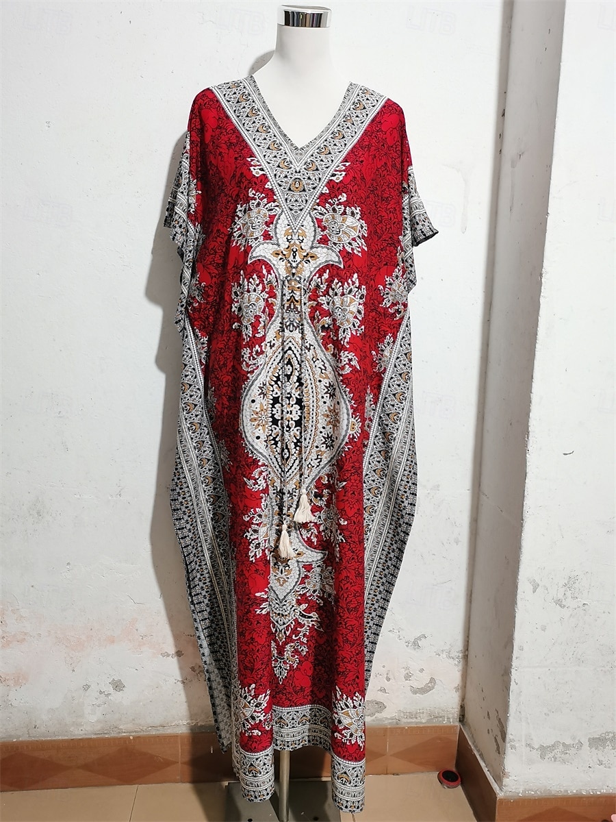 Dam Maxiklänning Vardagsklänning Boho Chic klänningar Boho-klänning bohemliv söt stil Stylish Semester Dagligen Strand Lös passning Grafisk Kortärmad V-hals Rubinrött Blå Sommar Vår Höst 2025 - $38.99 –P5