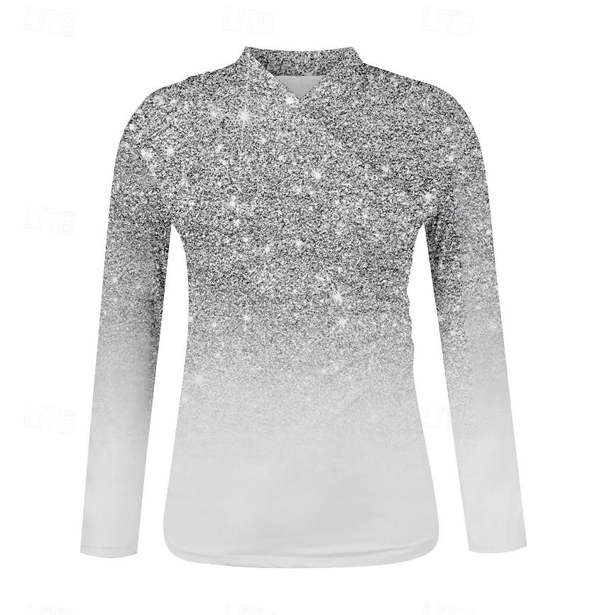 Damen T Shirt Farbverlauf Brautkleider schlicht Langarm V Ausschnitt Stehkragen Normale Oberteile Urlaub Täglich Bedruckt Asymmetrisch Silber Schwarz Rosa Frühling & Herbst 2025 - $27.99 –P3