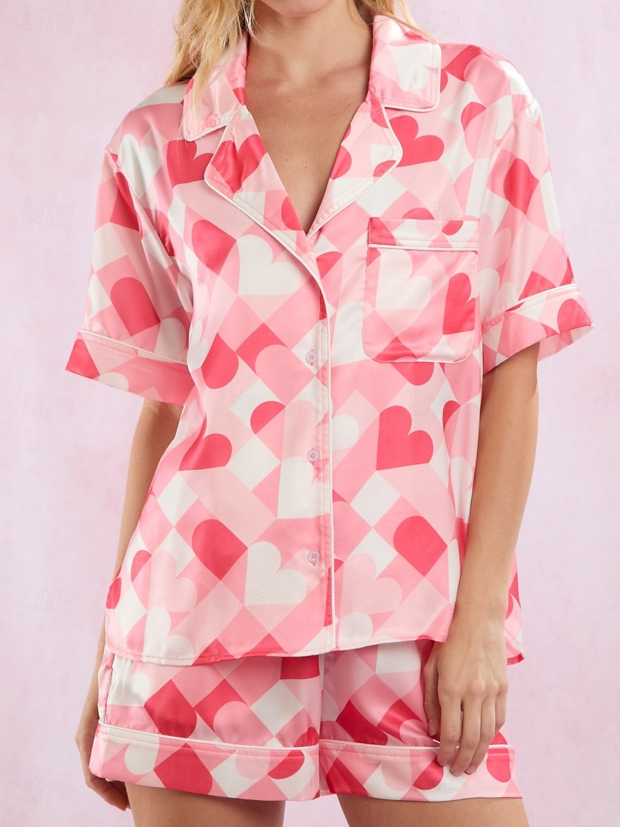 Pentru femei Set pijama Casual Confortabili Inimă Butonul sus Buzunar Talie elastică Cămașă Pantaloni Scurți Casă Ziua Îndrăgostiților Zilnic Manșon scurt Guler Cămașă Roz Îmbujorat Fucsia Var 2025 - $54.99 –P6