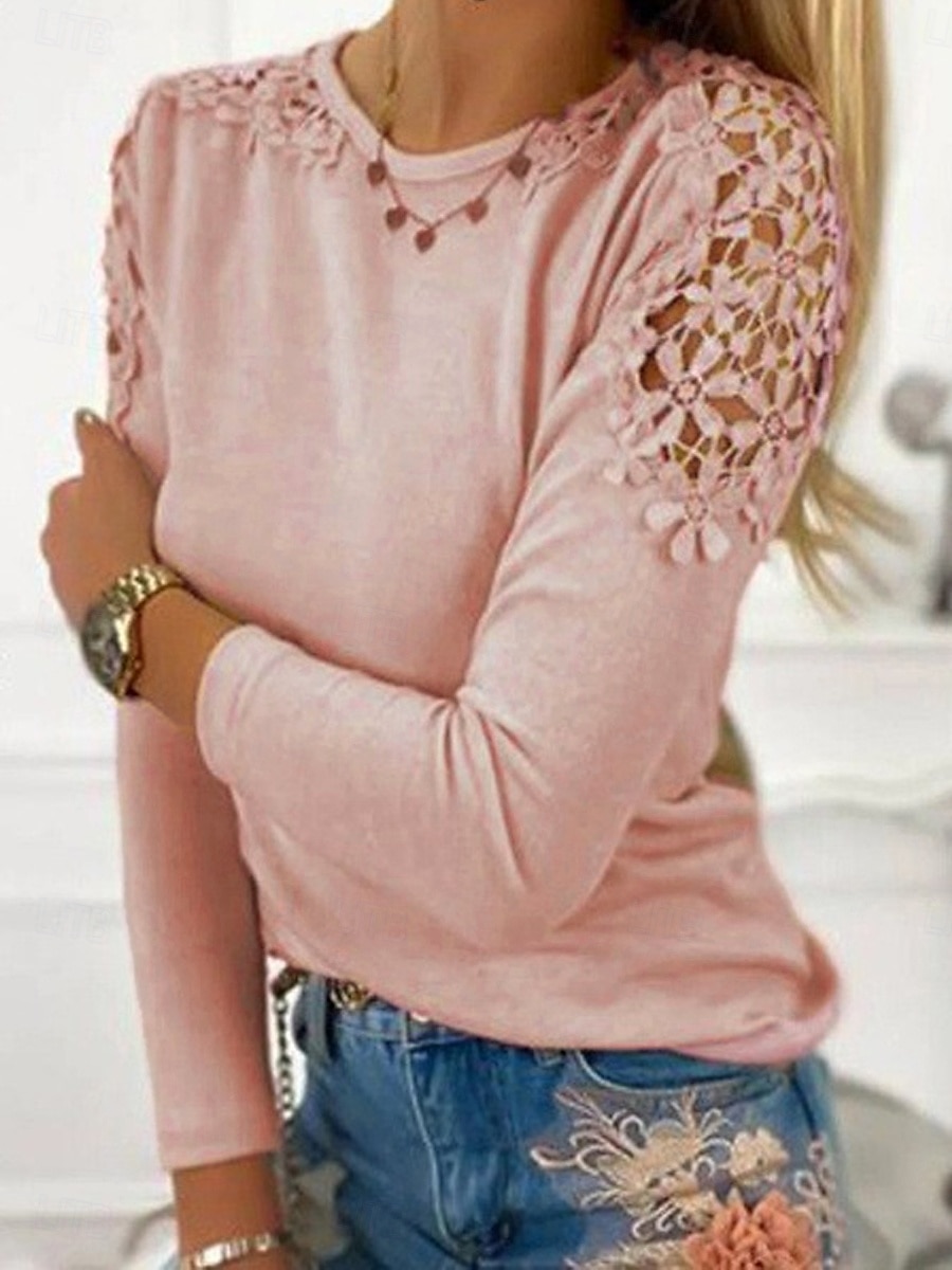Mujer Camisa Blusa Color sólido Básico Casual Manga Larga Cuello Barco Tops regulares Diario Encaje Retazos Rosa Morado Gris Otoño Invierno 2025 - $21.99 –P1