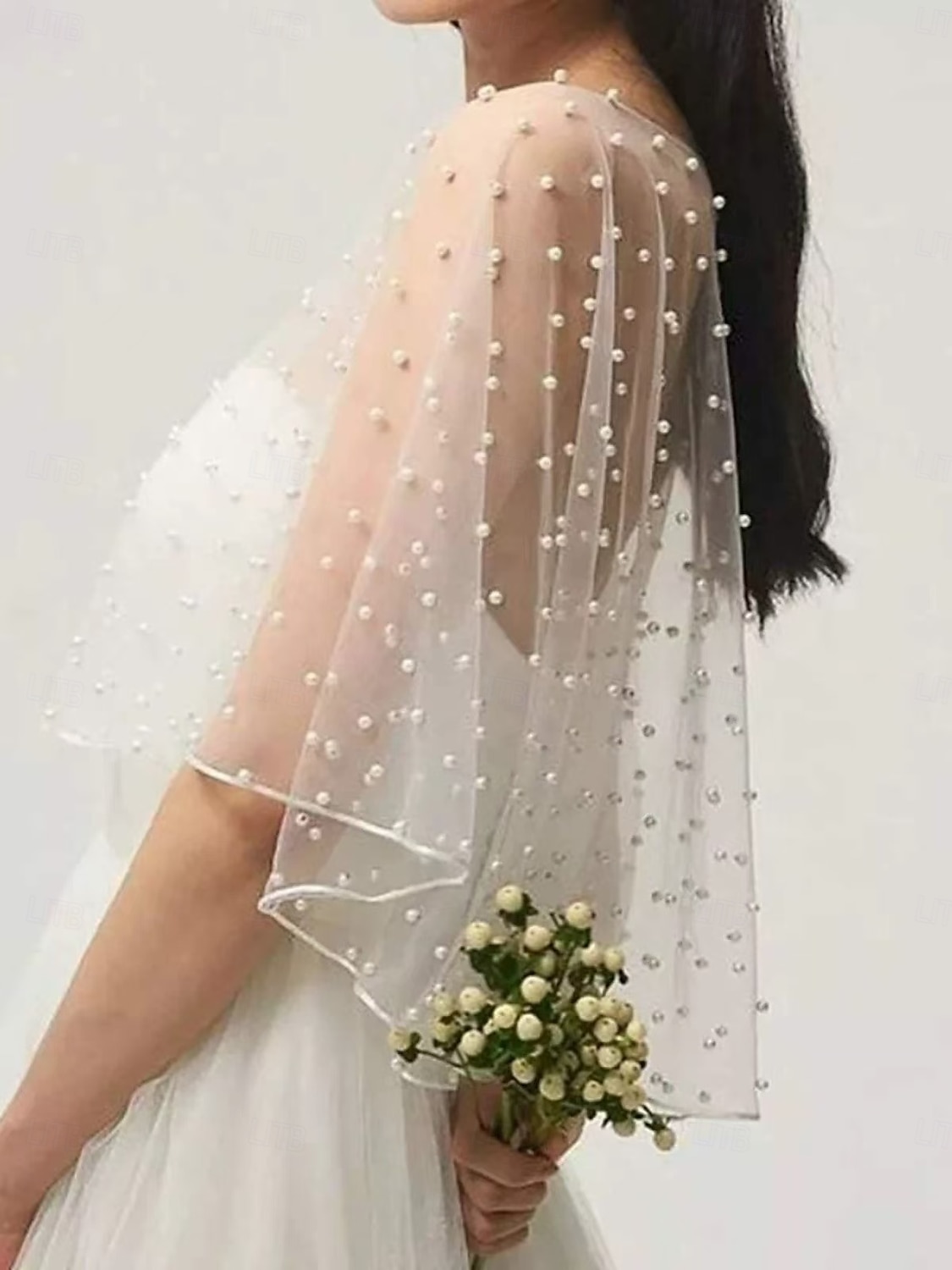 Brudens Wraps Voiler  Sheers Lyx 3/4-lång ärm Illusion Sleeve Bomull Bröllopswraps Med Falska Pärlor För Bröllop Gäst Sommaren 2025 - $62.99 –P2