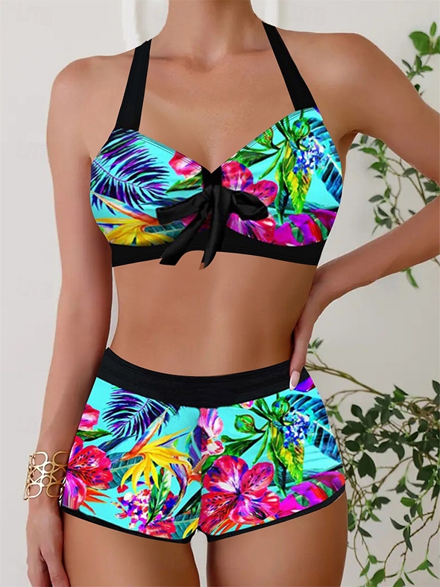 Dam Badkläder Bikini 2 st Pojkeben Baddräkt Öppen rygg Smal Semester Standkläder Grafisk Halterneck Ärmlös Baddräkter 2025 - $26.99 –P1