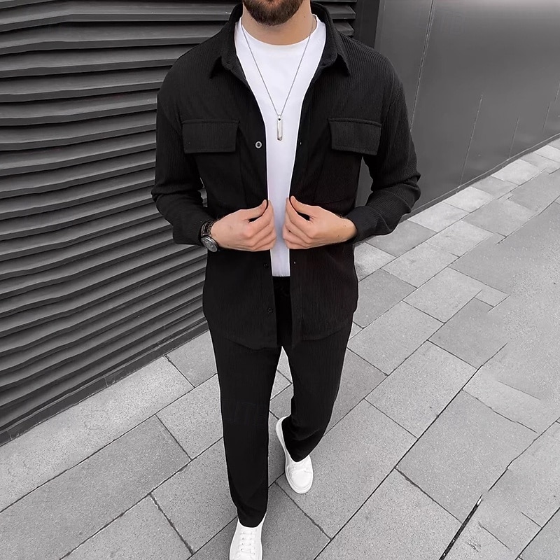 Per uomo 2 pezzi Completo di camicia Set abbinati Maglietta informale Camicia di velluto a coste Camicia con bottoni Nero Marrone Verde Kaki Grigio Manica lunga Liscio Colletto Strada Giornaliero del 2025 a $47.99 –P4