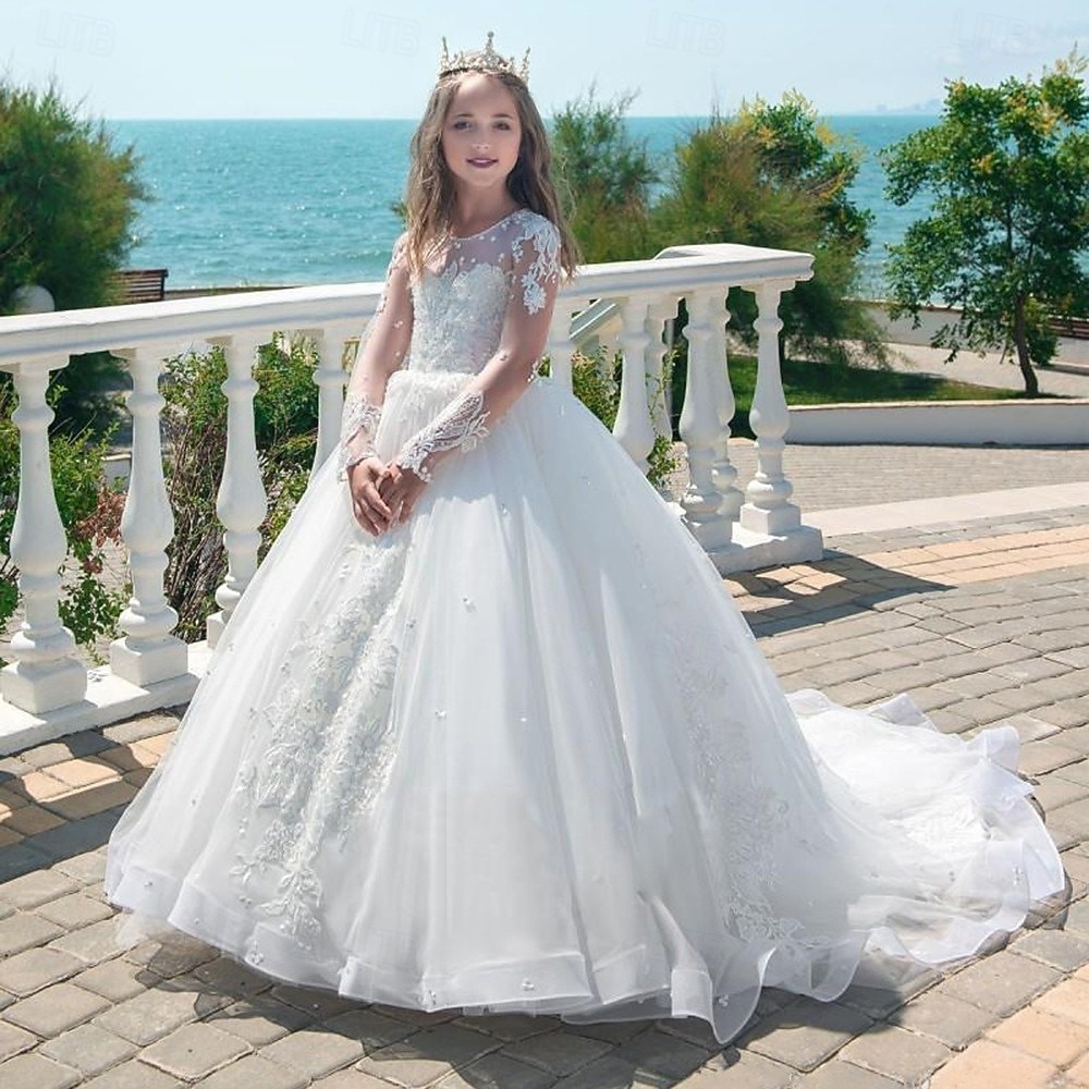kinderkleidung Mädchen Kleid für die Erstkommunion Party Kleid Feste Farbe Ärmellos Langarm Leistung Hochzeit Party Gitter Prinzessin Süß Gitter Mitte der Wade Etuikleid Tüll-Kleid Sommer Frühling 2025 - $103.99 –P2