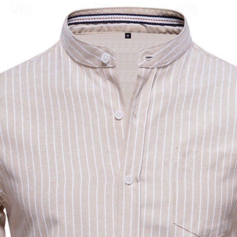 Per uomo Camicia Camicia con colletto cinese Camicia con colletto alla coreana Camicia elegante Camicia con Bottoni A righe Matrimonio Feste Kaki Manica Lunga Colletto alla coreana Primavera & Autunno del 2025 a $29.99 –P4