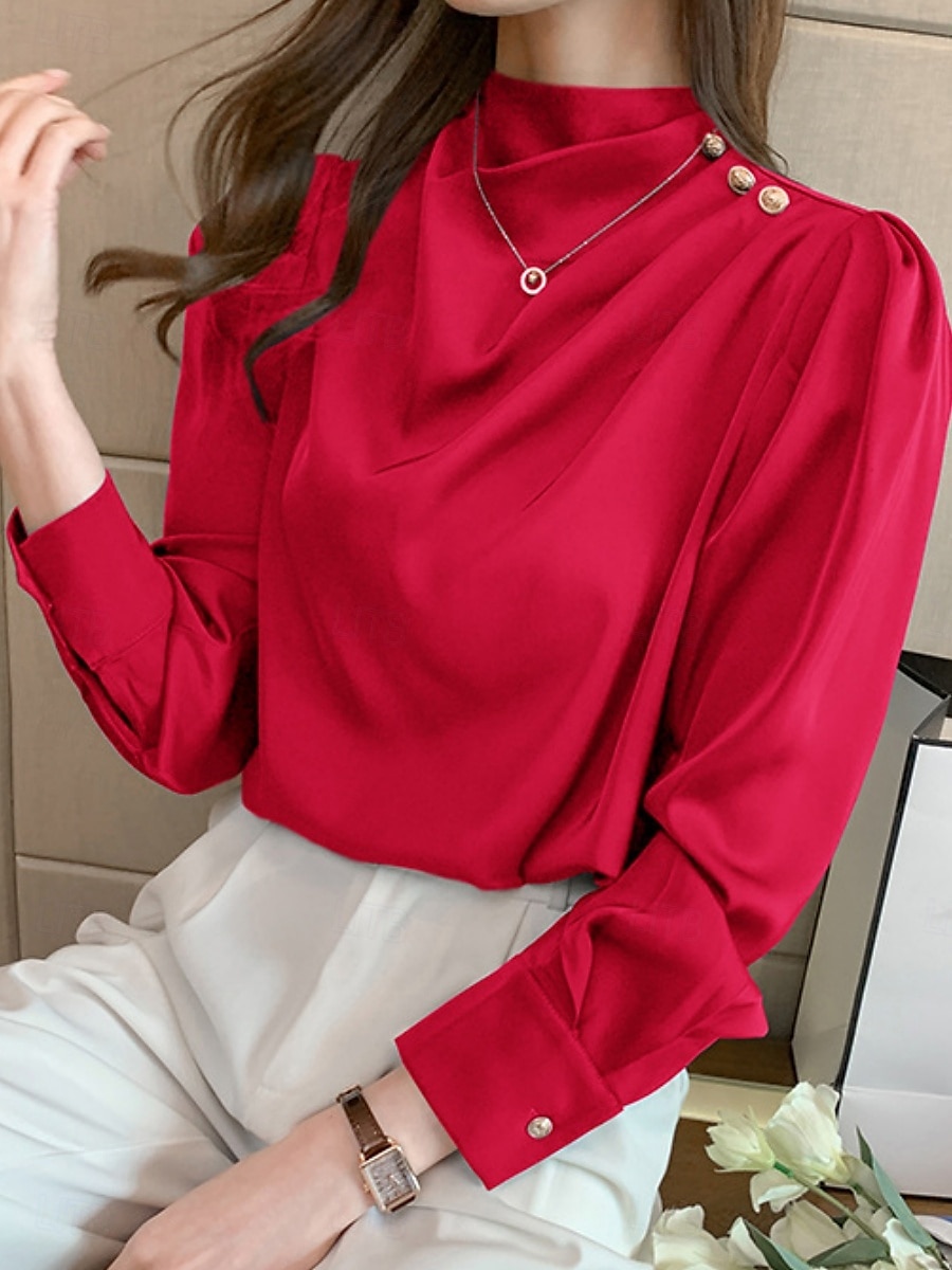 Damen Hemd Bluse Feste Farbe Basic Brautkleider schlicht Langarm Rollkragen Normale Oberteile Täglich Rüschen Weiß Rote Blau Sommer Frühling Herbst 2025 - $23.99 –P2