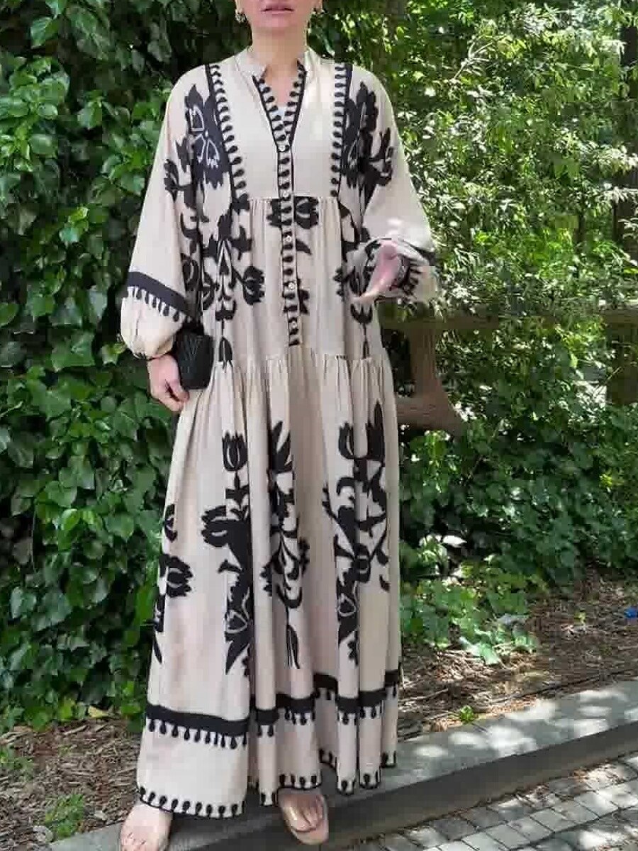 Women's Maxi Dress Casual Dress Swing Dress Boho Dress Vintage Ethnic Casual Vacation Daily Regular Fit Floral Long Sleeve Notched Neck Black White Spring Fall 2025 - $49.99 –P4