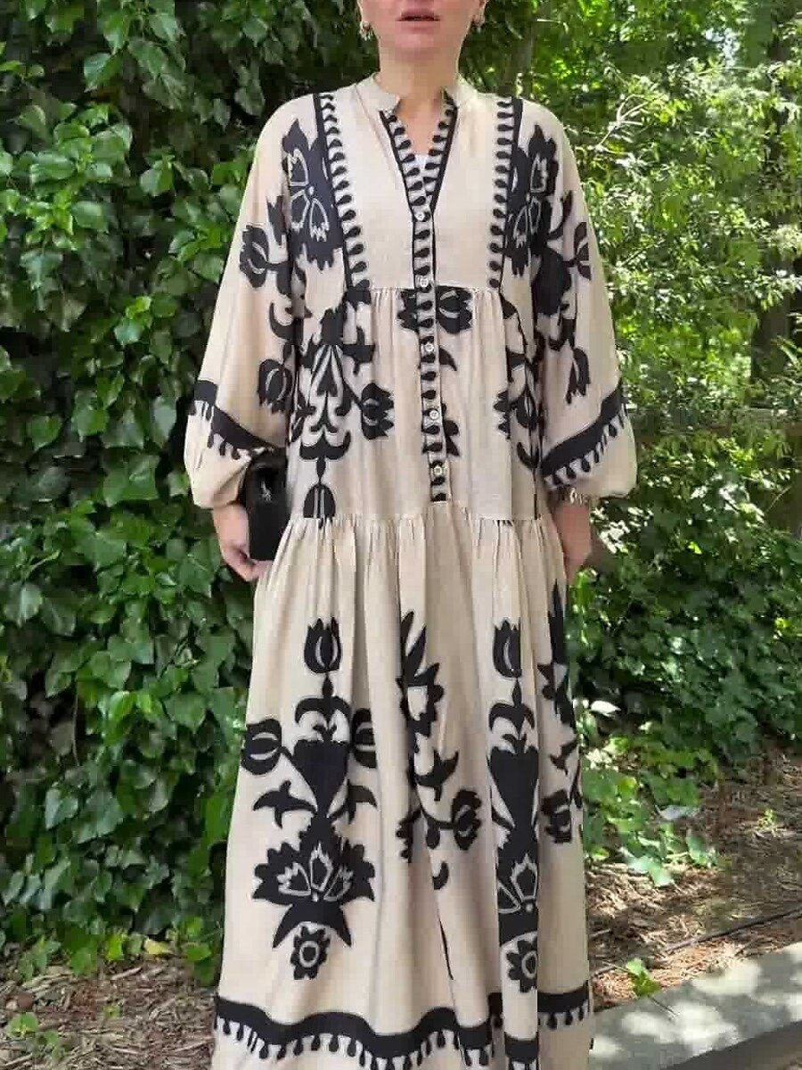 Women's Maxi Dress Casual Dress Swing Dress Boho Dress Vintage Ethnic Casual Vacation Daily Regular Fit Floral Long Sleeve Notched Neck Black White Spring Fall 2025 - $49.99 –P3