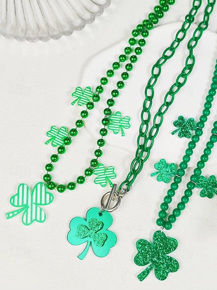 αγ. Patrick's day κολιέ τριφύλλι – πράσινος κρίκος αλυσίδας με τετράφυλλο μενταγιόν από τριφύλλι, γιορτινά statement κοσμήματα για γυναίκες, αξεσουάρ γιορτών και πάρτι 2025 - $7.99 –P2